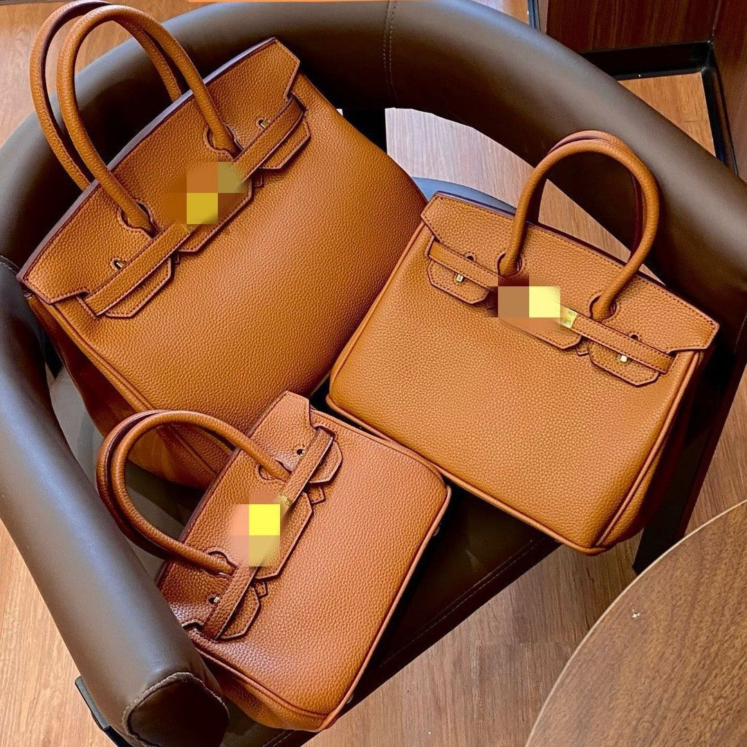 Genuine Pebbled Leather Birkin-Style Gold Hardware Large Capacity Handbag for Women, European Fashion Top Handle Purse, Trendy Casual Tote Bag for Ladies
