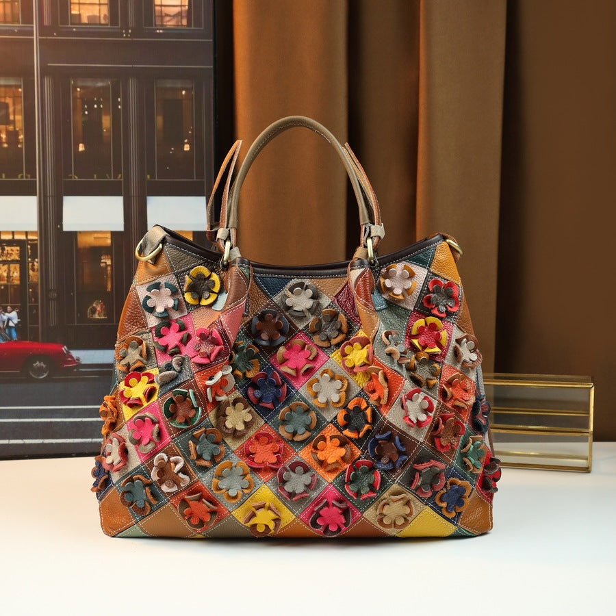 Bohemian Floral Patchwork Bucket Bag for Women Genuine Leather Large Capacity Shoulder Crossbody Handbag, Colorful Artisan Purse with Boho Charm