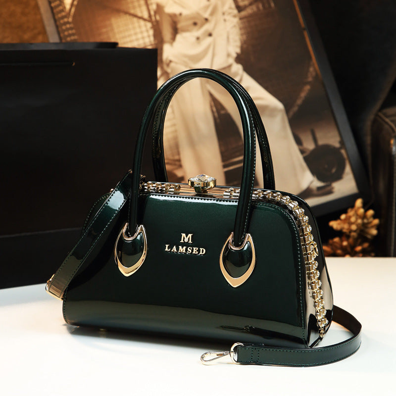 Women's Patent Leather Handbag Shiny Shoulder Crossbody Bag for Middle-Aged Ladies Fashion Mom Purse Light Luxury Top Handle Clasp Bag