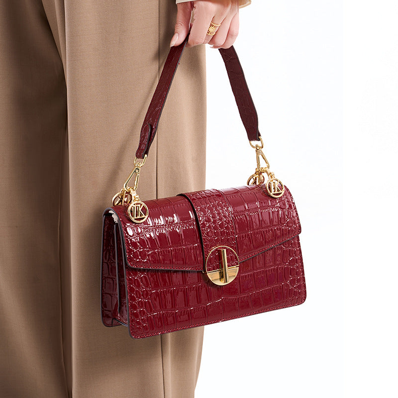 New Arrival Croc-Effect Genuine Leather Small Square Bag for Women, A Versatile Premium Top-Handle Crossbody Handbag with Sophisticated Design