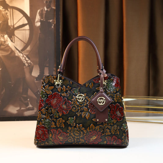 Chinese Vintage Floral Embroidery Handbag for Women Elegant Shoulder Crossbody Top Handle Purse, Traditional Blooming Design Middle-Aged Mom Going-Out Bag