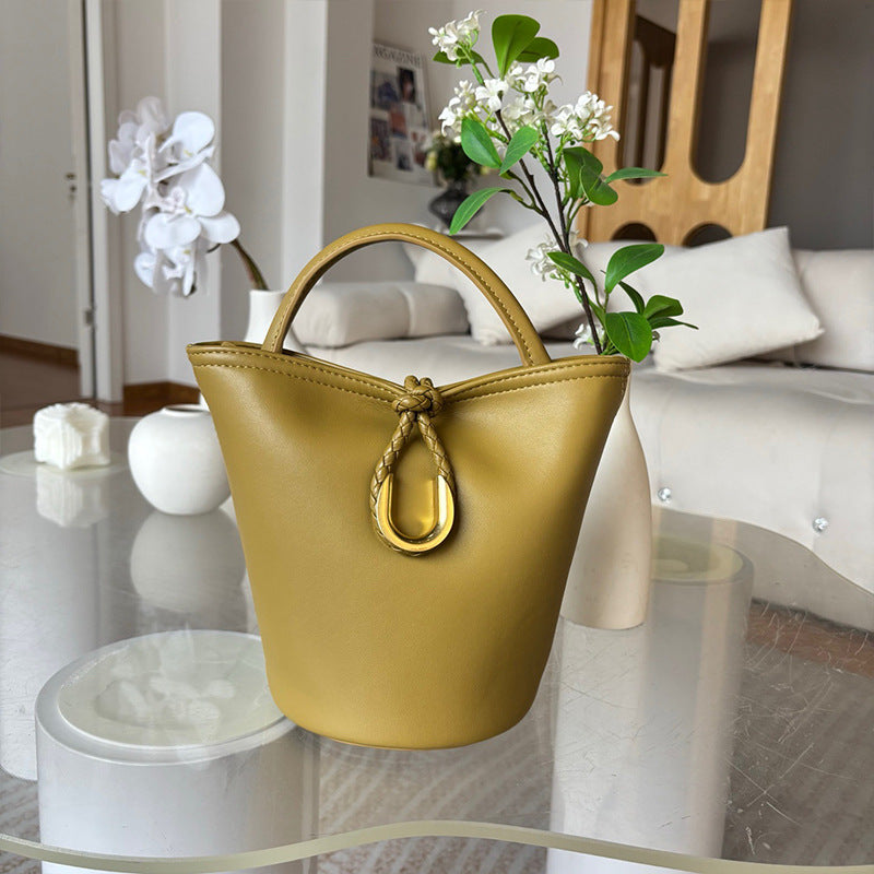 Genuine Cowhide Handwoven Bucket Bag with U-Buckle, New Vintage Shoulder Crossbody Top Handle Purse, Premium Handwoven Handbag for Ladies