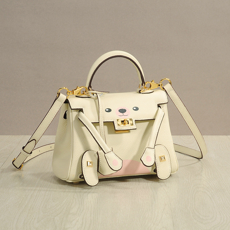 Genuine Top Layer Cowhide Smiley Face Bag for Women, Cute Mini Millennium Doll Crossbody Purse, Playful Kelly-Style Handbag with Premium Quality for Ladies