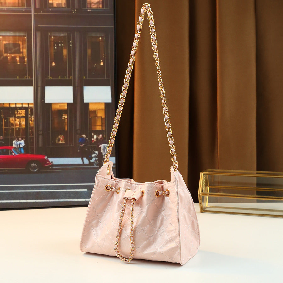 Quilted Drawstring Bucket Bag for Women Creamy Chain Shoulder Crossbody Handbag, Soft Versatile Purse with Sweet Spring Style