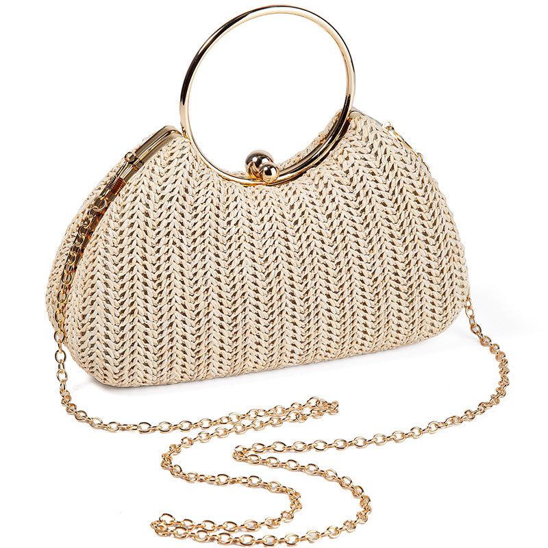 Chic Woven Straw Stripe Evening Clutch for Women, A Box-Style Banquet Bag with Top Handle Perfect for Weddings Formal Dresses & Special Occasions