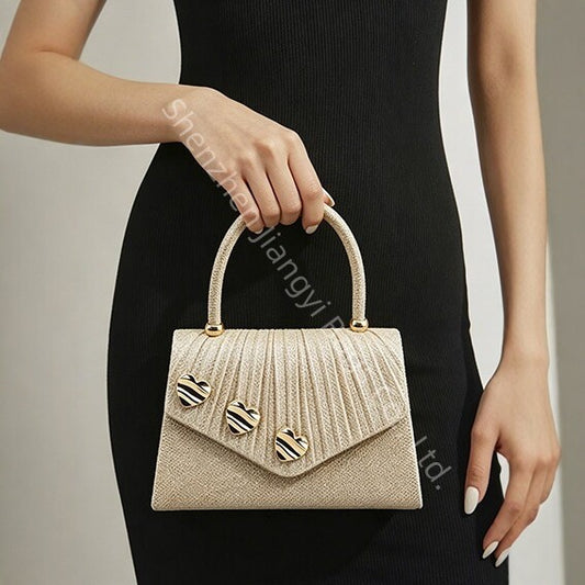 Pleated Evening Clutch for Women, New Niche Designer Heart Buckle Top Handle Purse, Versatile Wedding Gown Handbag for Ladies
