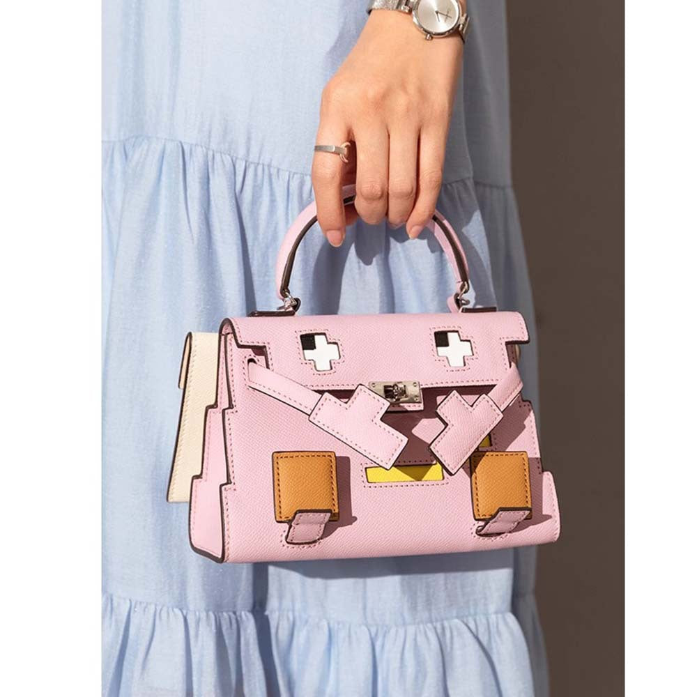 Genuine Leather Mosaic Doll Kelly-Style Bag for Women, Summer Bestseller Niche Designer Top Handle Shoulder Crossbody Purse, Cartoon Print Handbag for Ladies
