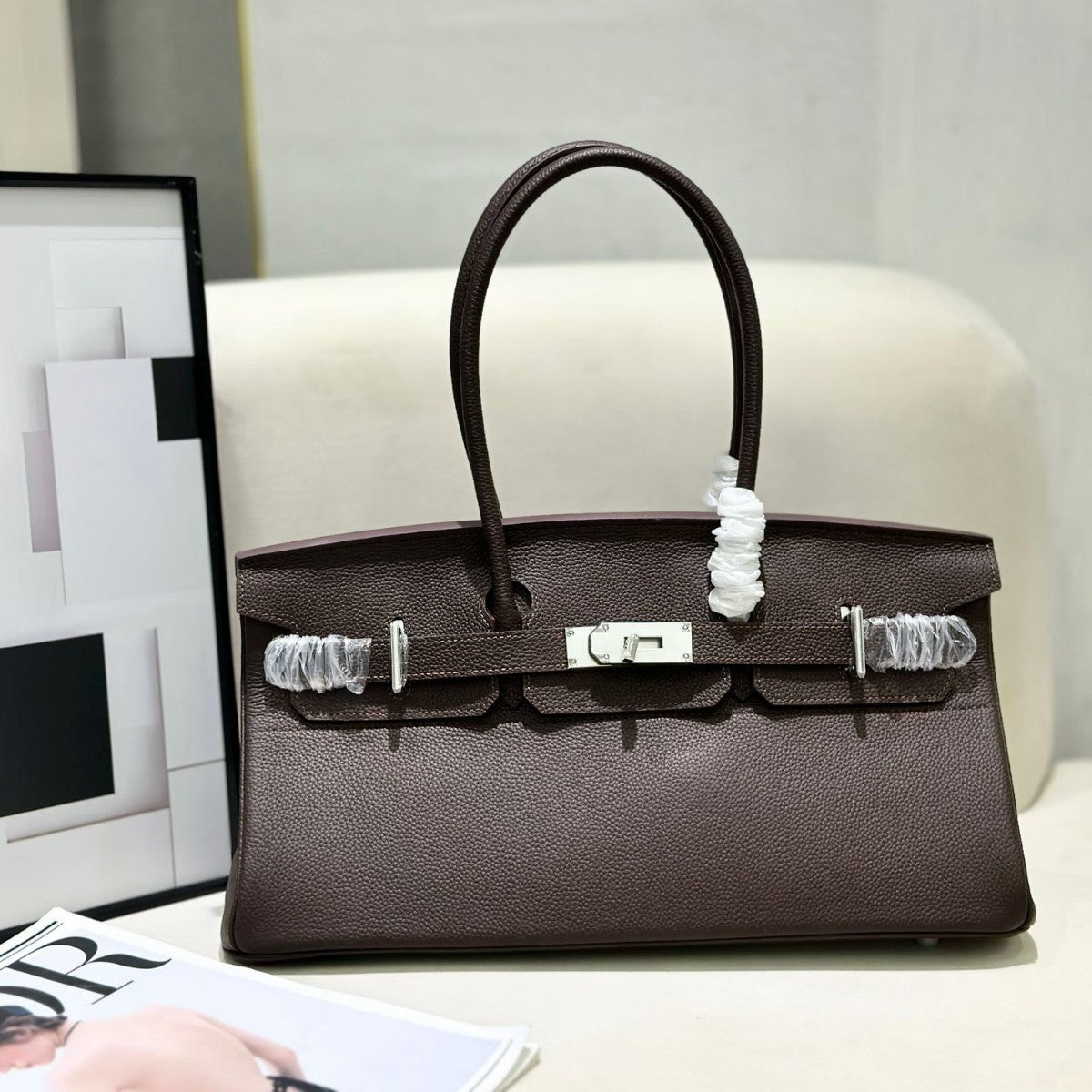 Genuine Togo Leather Birkin-Style Bag for Women, New Classic Vintage Top Handle Handbag, Niche Design Fashionable Versatile Purse for Ladies