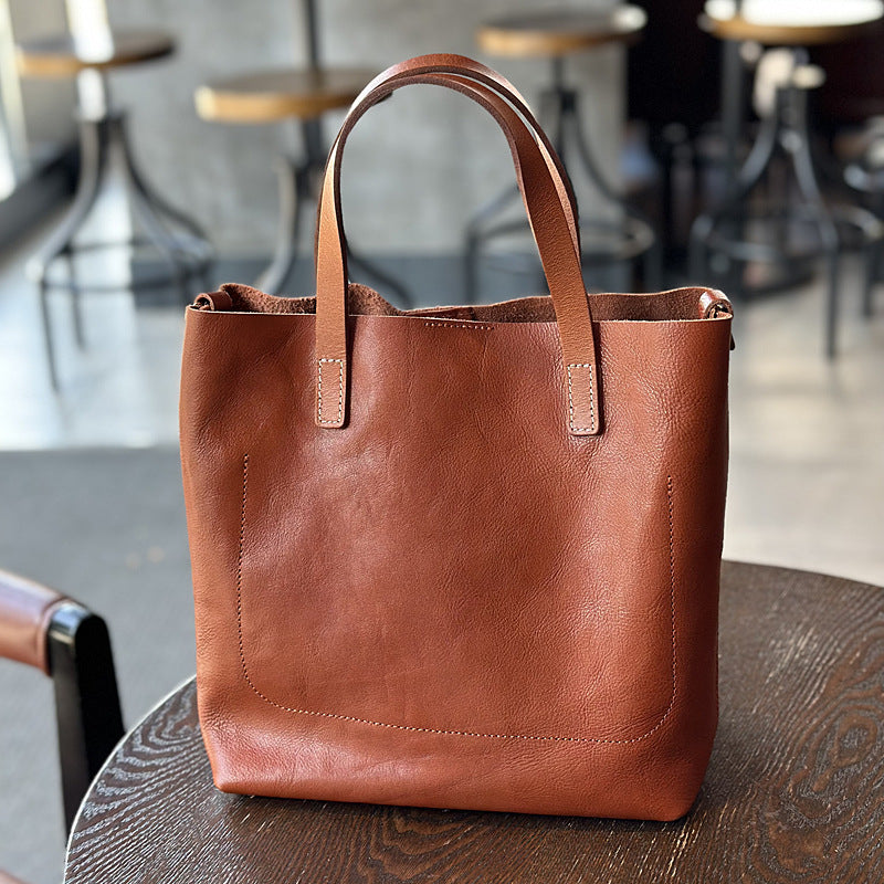 Genuine Cowhide Handbag for Women, New Spring Summer Japanese Vintage Shoulder Crossbody Top Handle Purse, Minimalist Commute Bag for Ladies