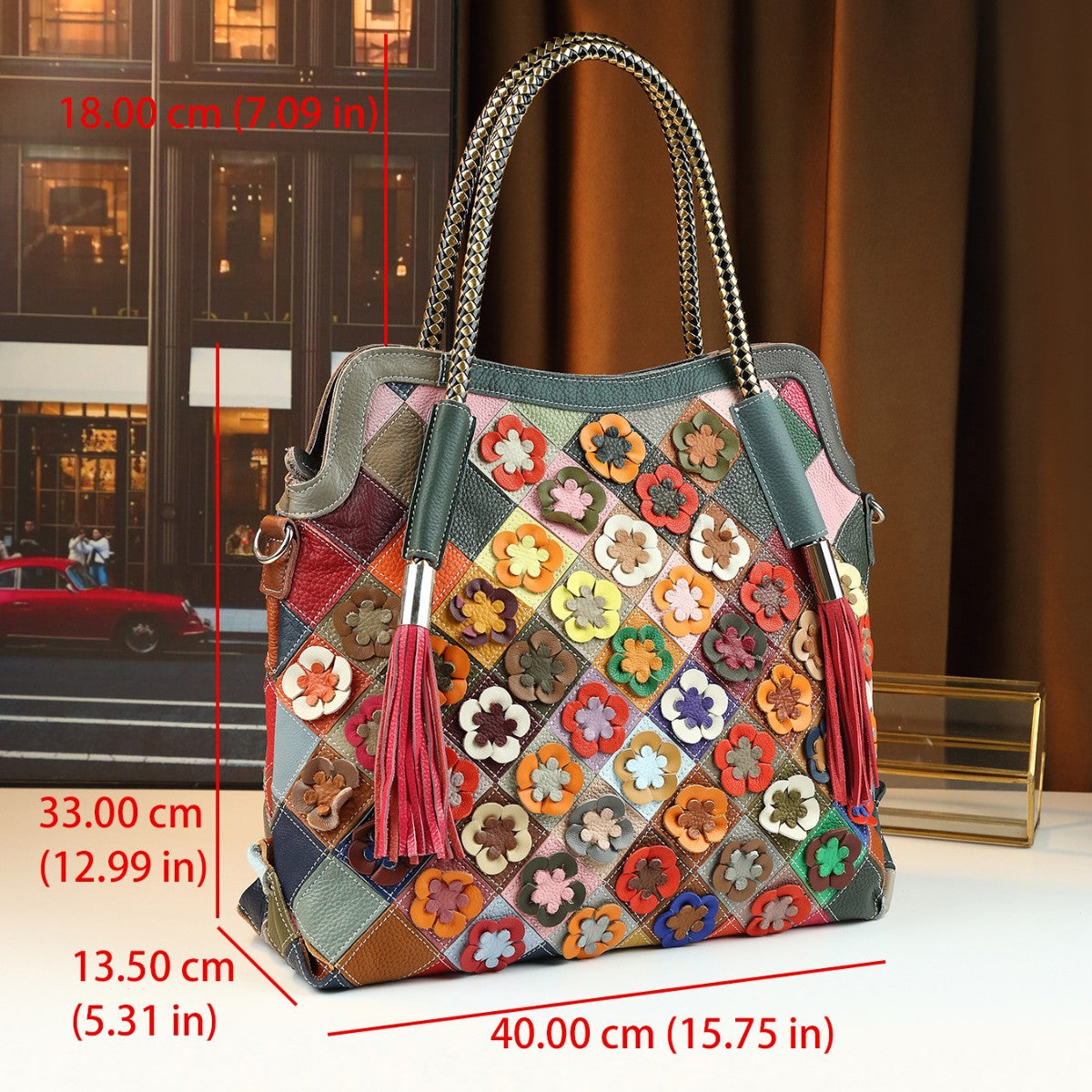 Woven Patchwork Flower Tote Bag for Women Multi-Color Handmade Shoulder Crossbody Handbag, Large Capacity Bohemian Purse with Vibrant Design