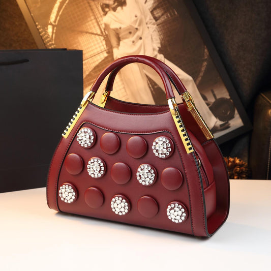Chic Rhinestone-Embellished Genuine Leather Handbag for Women, An Elegant Banquet Purse with Stylish Design, Perfect for Middle-Aged Moms & Special Occasions