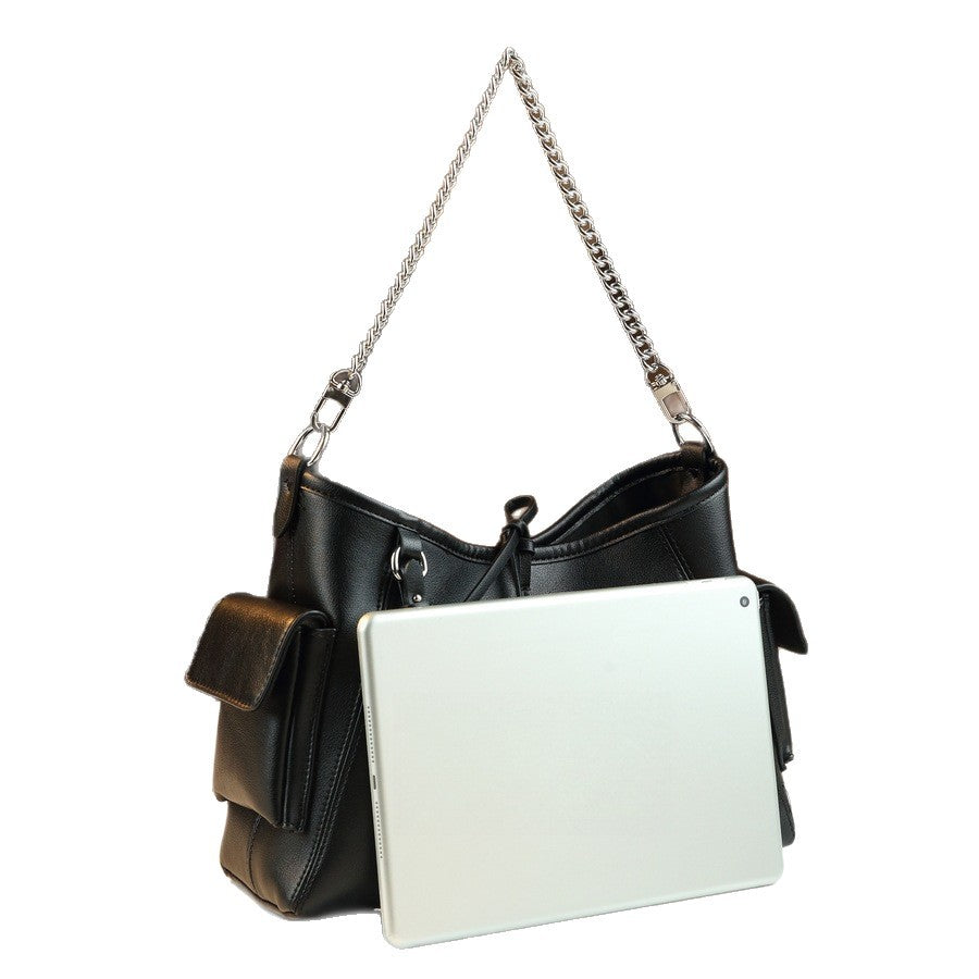 Black Samurai Chain Tote Bag for Women Large Capacity Commuter Shoulder Crossbody Handbag, Premium Versatile Purse with Edgy Hardware Detail