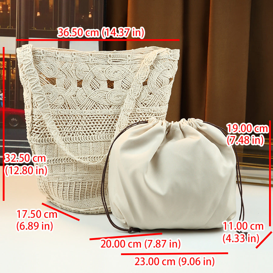 Hollow Woven Beach Tote Set for Women Large Capacity Shoulder Underarm Bag, Casual Korean Style Canvas Sub-Bag with Vacation-Ready Design