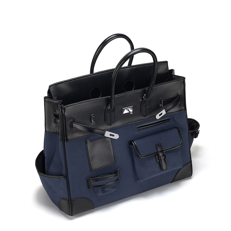 Chic Canvas & Leather Birkin-Inspired Travel Tote Bag, Vintage Light Luxury Top-Handle Handbag with Spliced Detail, Perfect for Everyday & Travel