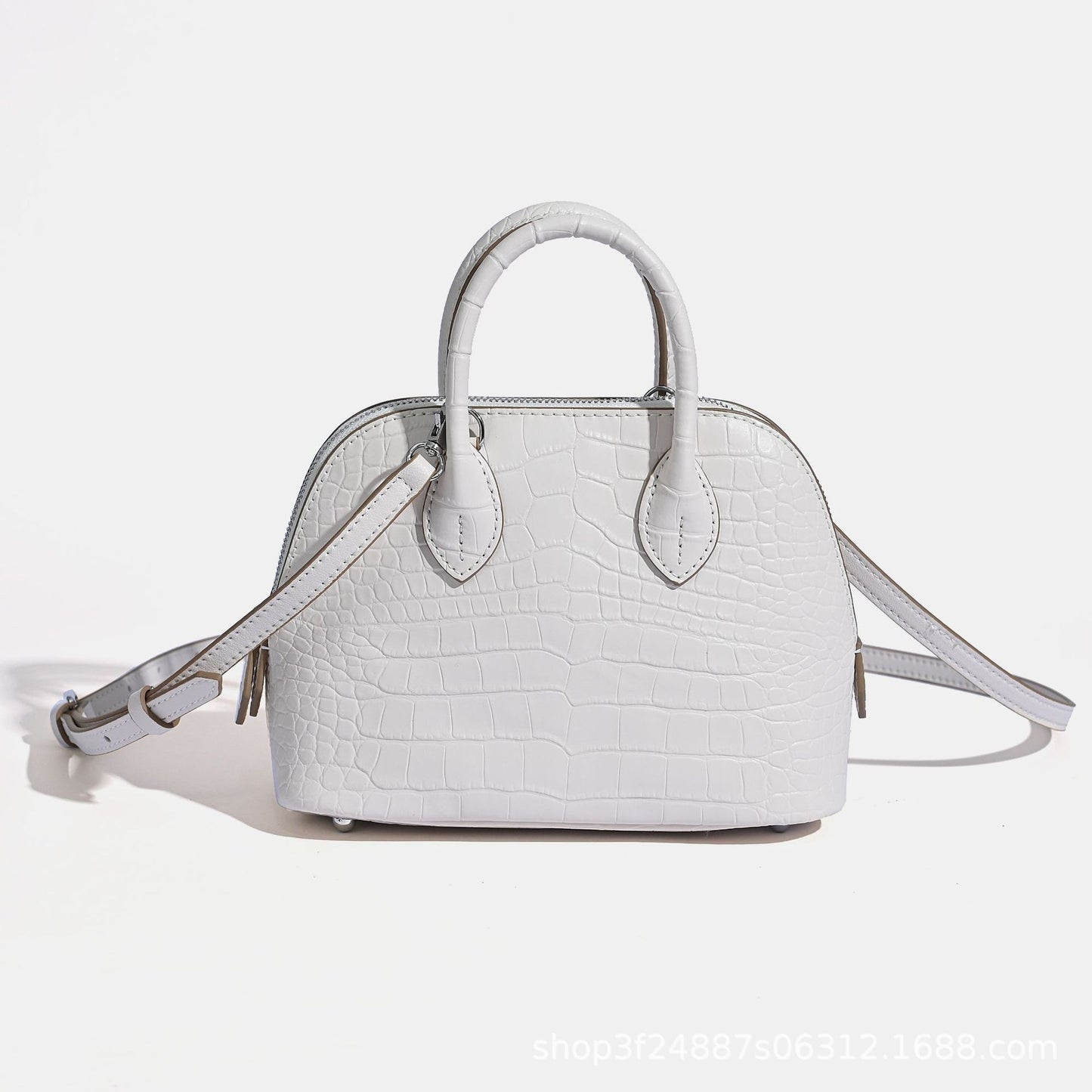 New Arrival Croc-Effect Genuine Leather Bowling Shell Bag for Women, A Mini Top-Handle Crossbody Commuter Handbag with Trendy Versatile Design