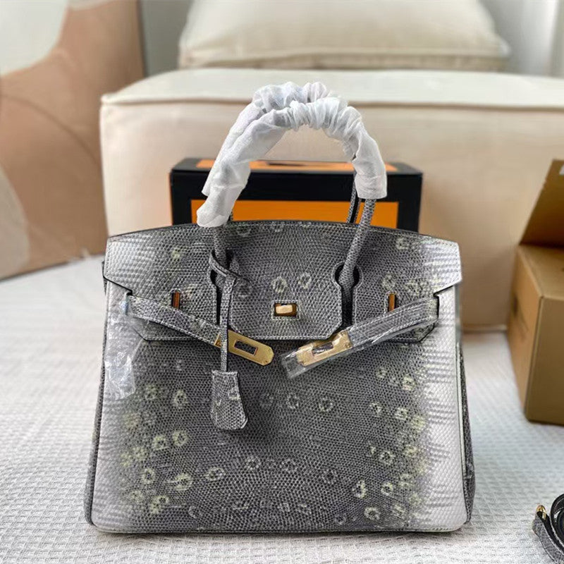 New Arrival Lizard-Effect Birkin-Inspired Tote Bag for Women, Premium Genuine Leather Large Capacity Shoulder Crossbody Handbag with Flap Design, Light Luxury Versatile Everyday Purse