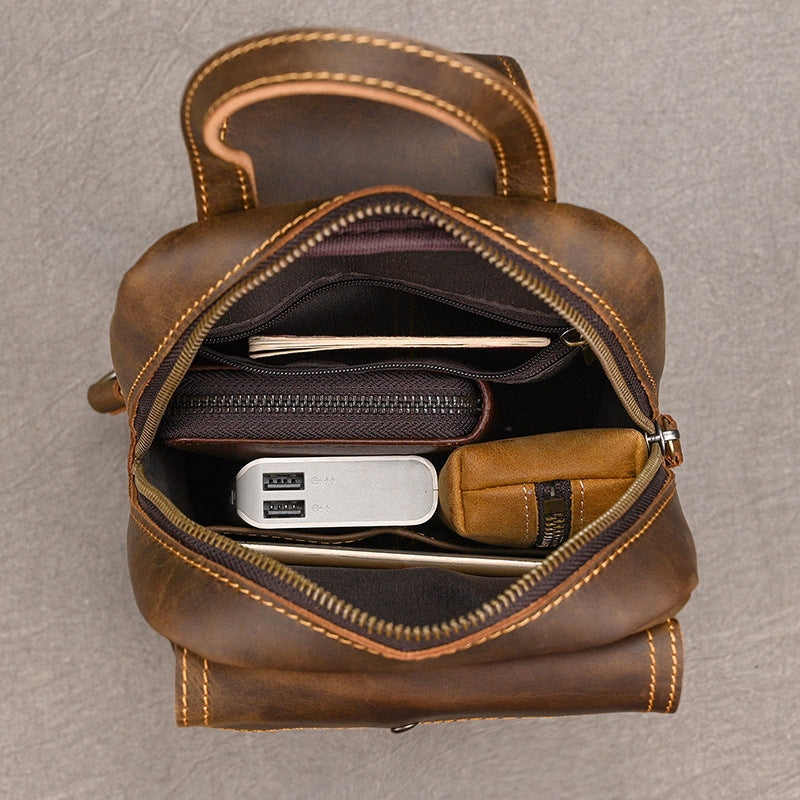 Large Capacity Crazy Horse Leather Chest Bag, Casual Crossbody Shoulder Pouch, Cowhide Bag Fits iPad for Men