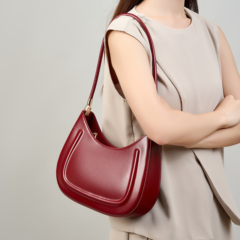 Genuine Black Cowhide Saddle Bag for Women, New Niche Baguette Shoulder Crossbody Top Handle Purse, Premium Commute Underarm Handbag for Ladies
