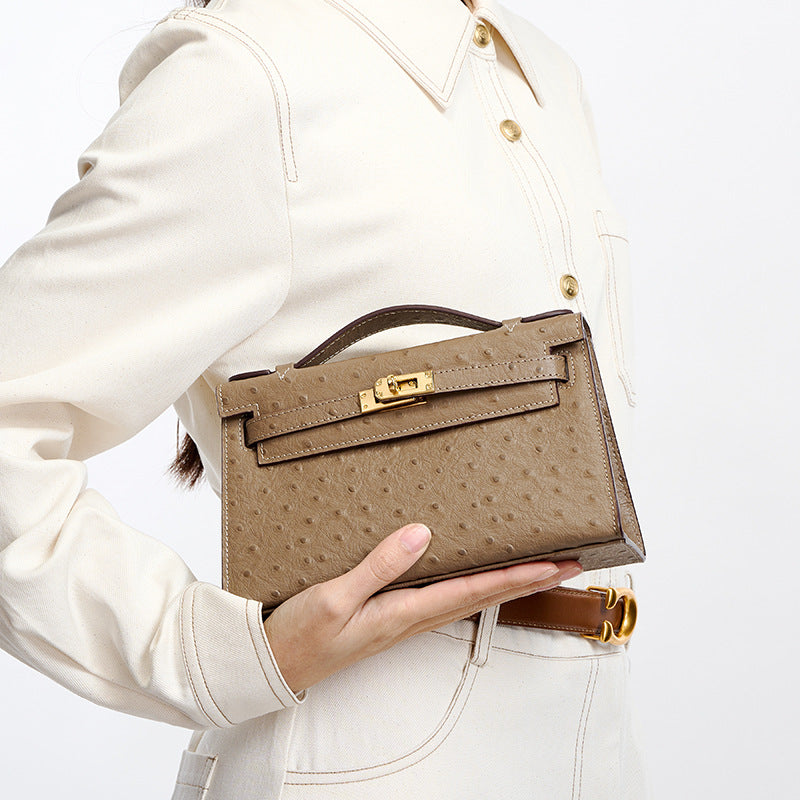 Ostrich-Embossed Kelly-Style Bag in Top Layer Cowhide, Premium Niche Design Shoulder Crossbody Top Handle Purse, Versatile Fashionable Handbag for Women
