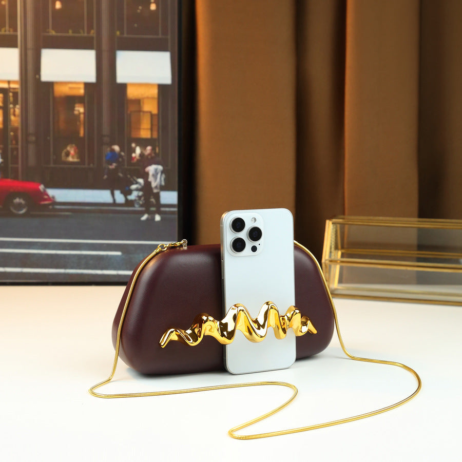 Wave Wristlet Clutch Bag for Women Evening Chain Crossbody Shoulder Purse with Metal Frame Clasp and Sculptural Wave Accent