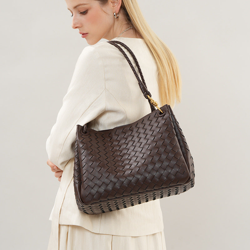Handwoven Cowhide Large Capacity Tote, Niche Underarm Shoulder Top Handle Bag, Casual Fashion Cross-Border Handbag for Women