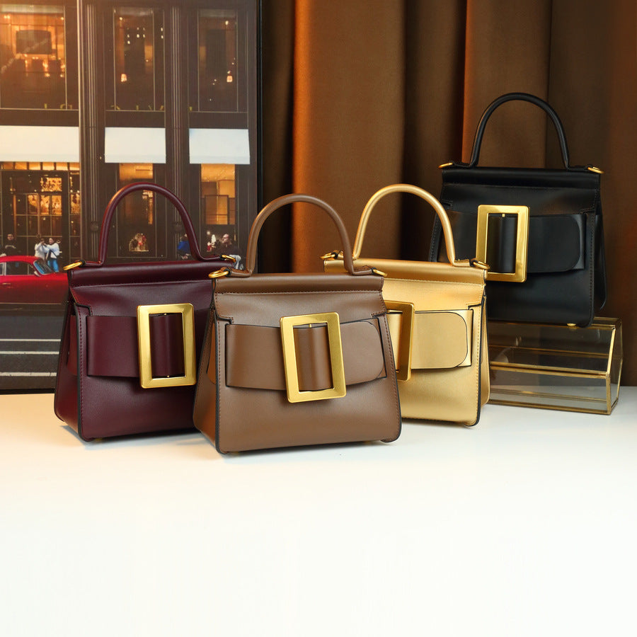 Korean Style Belt Buckle Square Bag for Women Minimalist Top Handle Shoulder Crossbody Purse, Versatile Elegant Handbag with Clean Modern Design