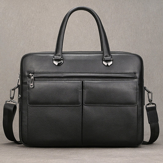 New Black Crazy Horse Leather Business Briefcase, Cross-Border Bestseller Laptop Commute Bag, Premium Shoulder Crossbody Work Bag for Men