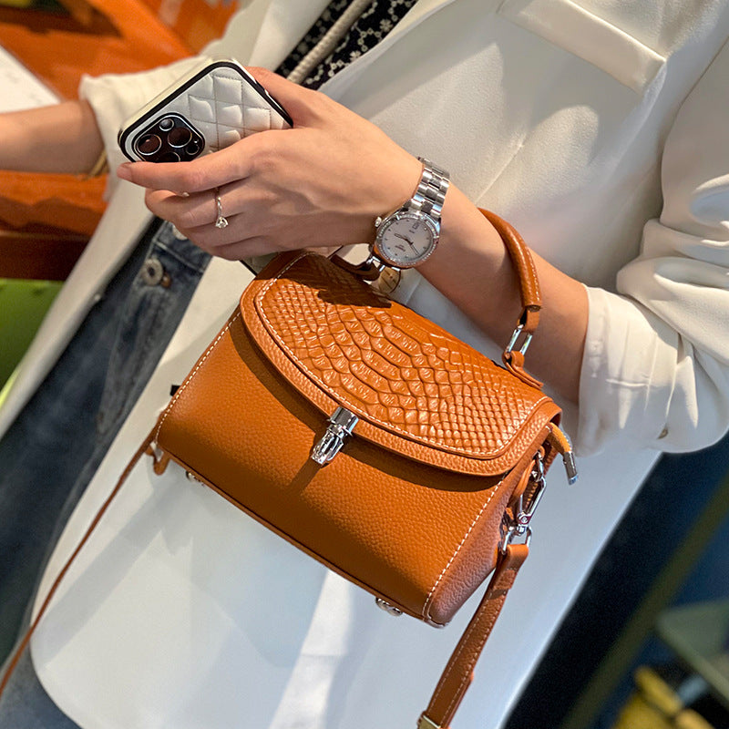 New Arrival Croc-Effect Genuine Leather Small Square Bag for Women, A Premium Top-Layer Cowhide Top-Handle Crossbody Handbag with Elegant Sophisticated Design