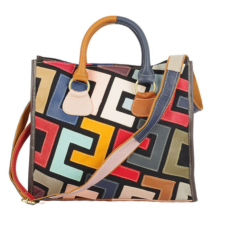 Genuine Leather Women's Tote Bag, Ethnic Style Colorful Contrast Color Design, Large Capacity Top Handle Handbag for Women