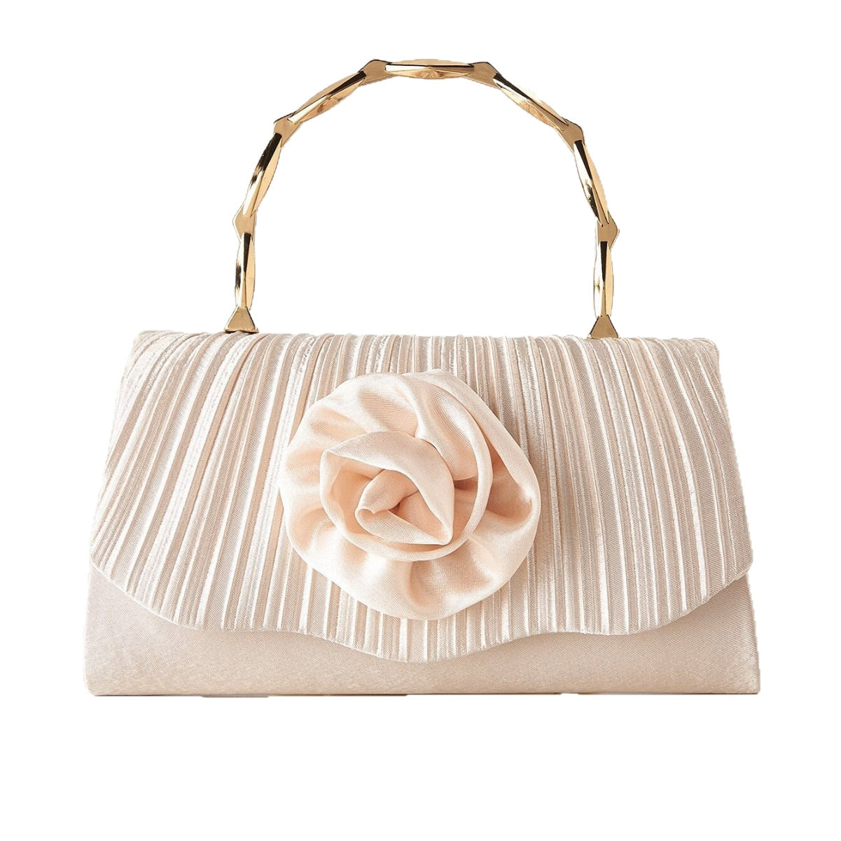 French Light Luxury Pleated Satin Evening Clutch for Women, New Floral Gold Bamboo Handle Top Handle Bag, Elegant Formal Party Purse for Ladies