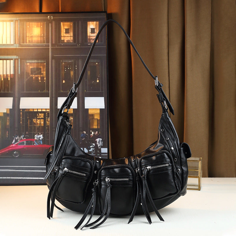 Studded Biker Tote Bag for Women Underarm Shoulder Handbag with Multi-Pockets, Vintage Trendy Design with Edgy Hardware Accents