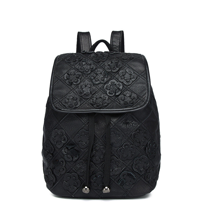 Genuine Cowhide Handmade Woven Backpack for Women, Floral Patchwork Boho Casual Travel Daypack, Bohemian Style Leather Bag for Ladies