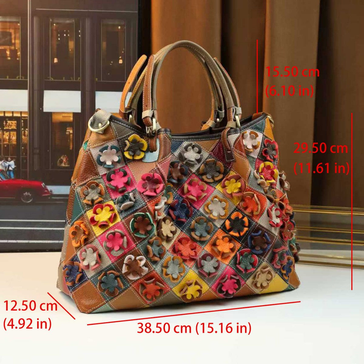 Bohemian Floral Patchwork Bucket Bag for Women Genuine Leather Large Capacity Shoulder Crossbody Handbag, Colorful Artisan Purse with Boho Charm