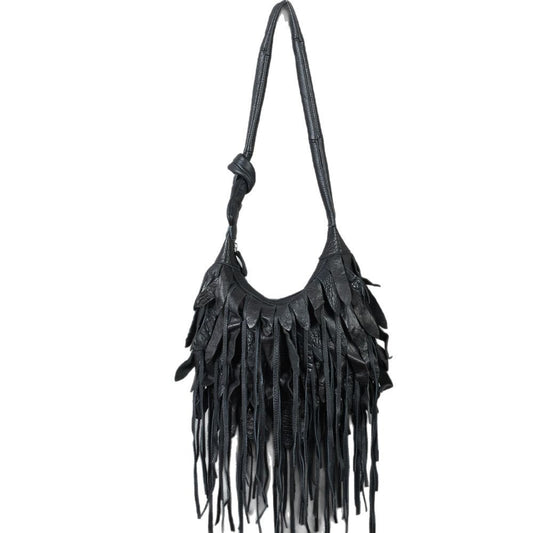 Genuine Leather Black Striped Fringe Hobo Handbag for Women, Soft Slouchy Bohemian Shoulder Purse, Casual Trendy Bag for Ladies