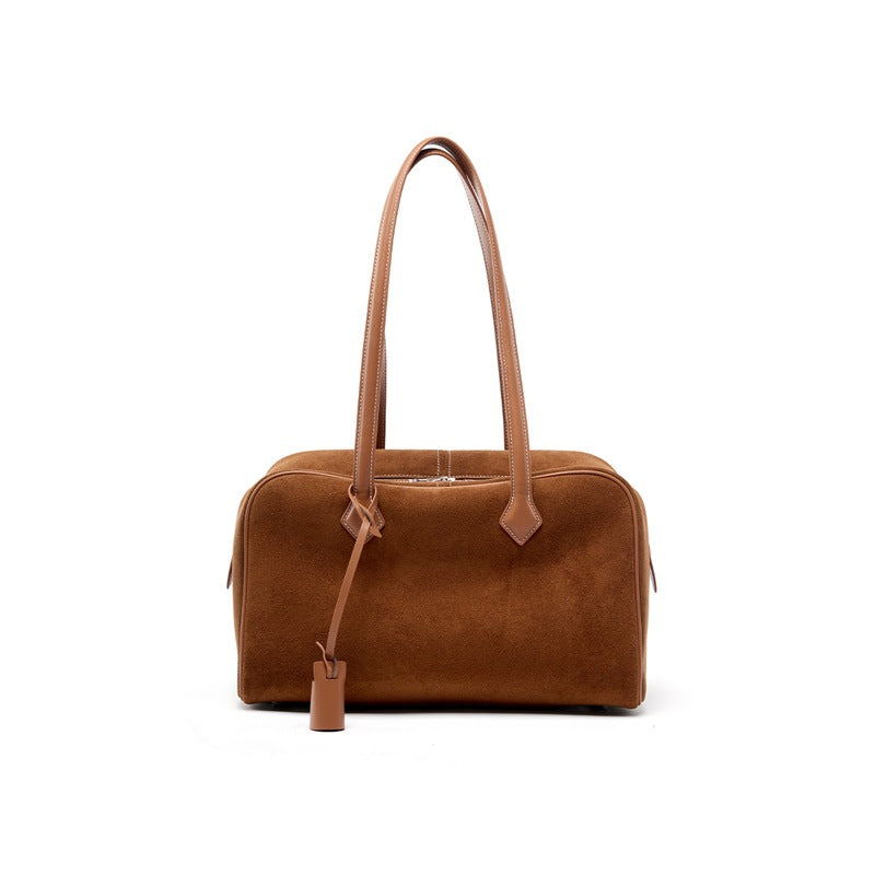 Genuine Suede Leather Boston Bowling Tote Bag for Women, New Large Capacity Shoulder Handbag, Premium Fashionable Everyday Purse for Ladies