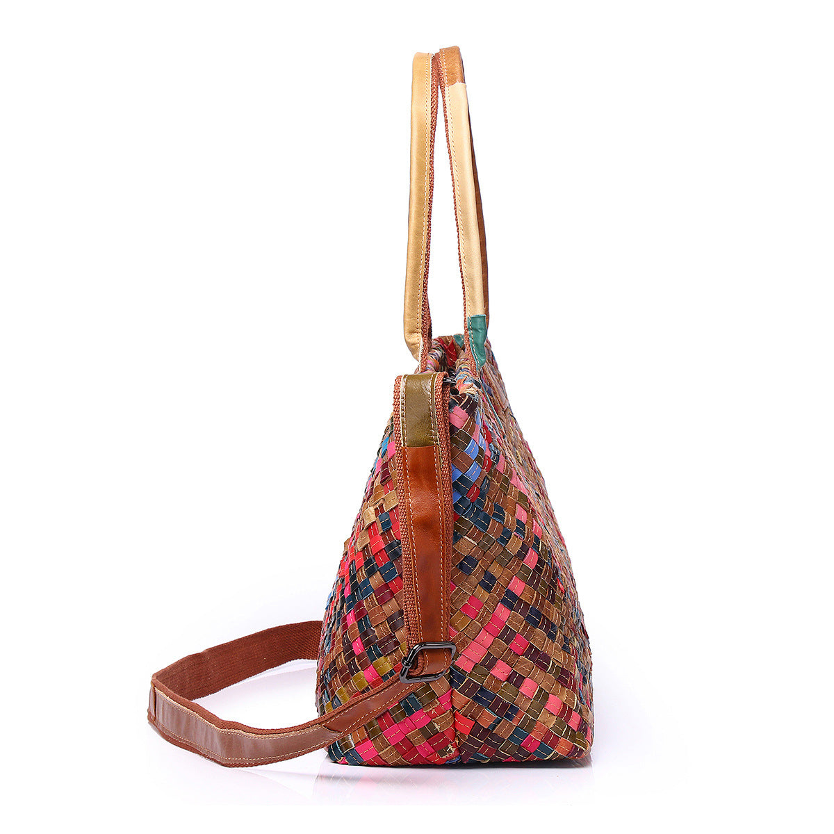 Colorful Stripe Woven Genuine Cowhide Tote, Fashion Designer Shoulder Crossbody Purse, Trendy Handbag for Women