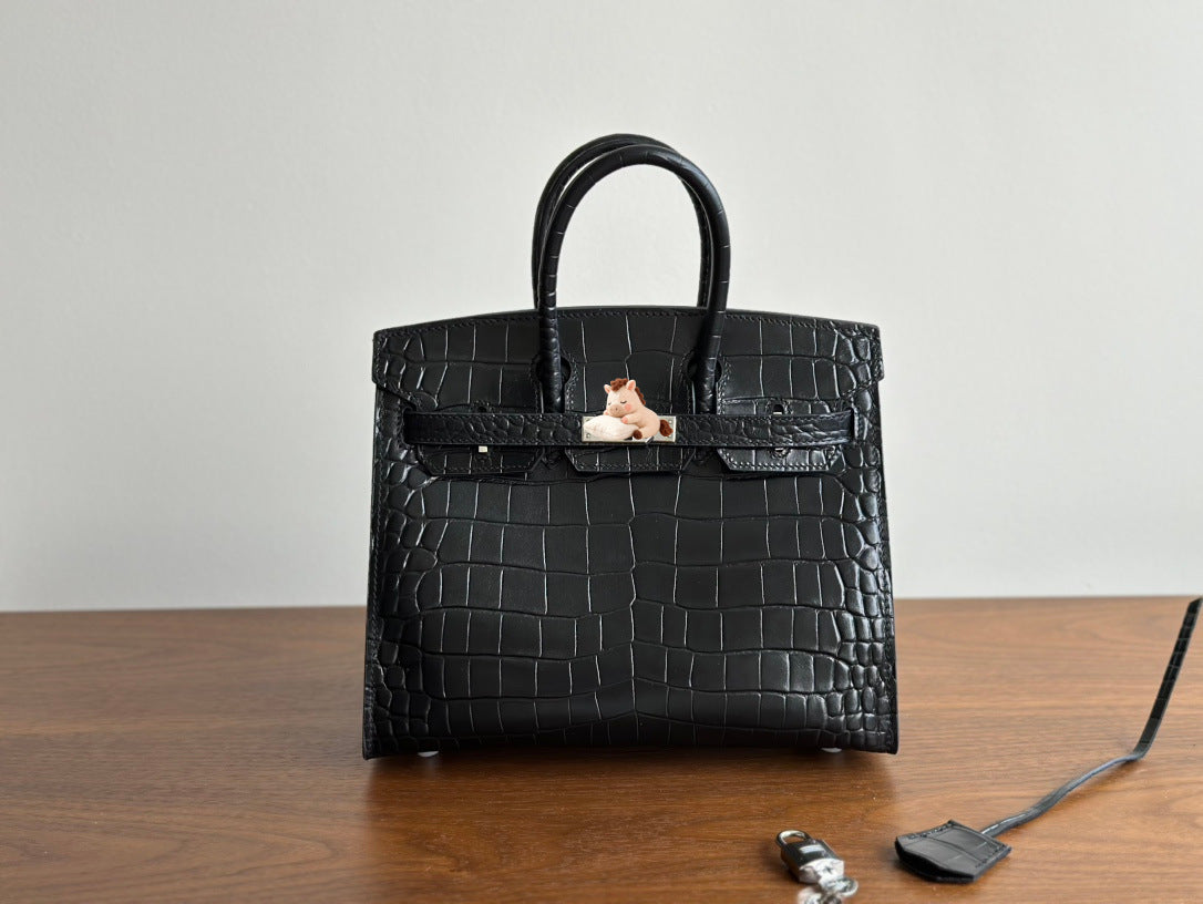 Chic Silver-Tone External Stitching Croc-Embossed Birkin-Inspired Tote Bag for Women, 25cm Stainless Steel Hardware Top-Layer Cowhide Handbag with Premium Quality