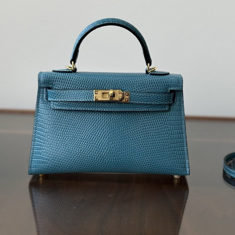 Genuine Leather Lizard-Embossed 2nd Gen Kelly-Style 19cm Bag for Women, Small Square Crossbody Shoulder Top Handle Purse, Trendy Handbag for Ladies