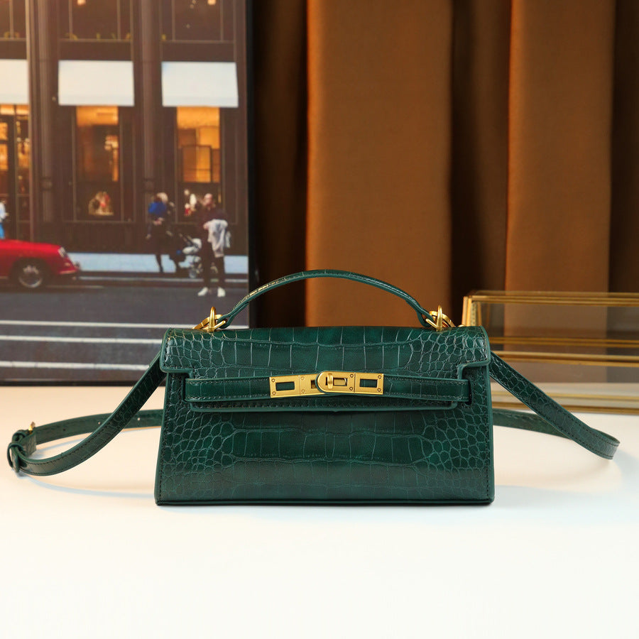 Chic Korean Style Light Luxury Croc-Effect Kelly-Inspired Handbag for Women, A Small Exquisite Top-Handle Bag with Turn-Lock Design & Premium Feel