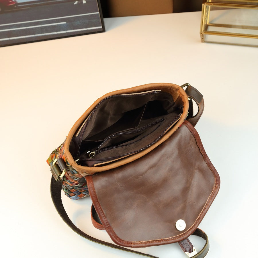 Genuine Leather Woven Mini Square Bag for Women Random Color Patchwork Shoulder Crossbody Purse, Versatile Fall Winter Handbag with Artisan Charm