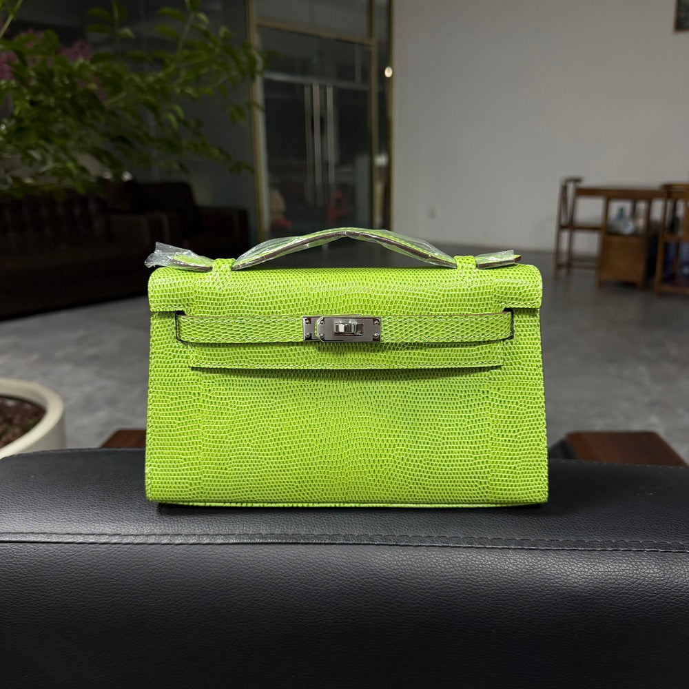 Genuine Top Layer Cowhide Lizard-Embossed Kelly-Style 22H Bag for Women, Hand-Stitched Waxed Thread with Lambskin Lining, Full Steel Hardware Square Purse for Ladies
