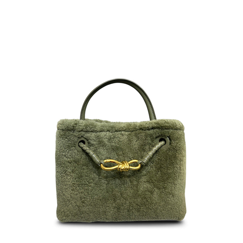 New Fall/Winter Lamb Wool Woven Tote with Metal Buckle, Vintage Large Commuter Shoulder & Crossbody Bag for Women