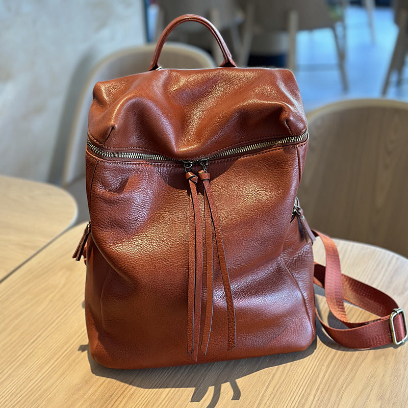 Genuine Top Layer Vegetable-Tanned Cowhide Backpack for Women, Vintage Minimalist School Travel Daypack, Large Capacity Leather Bag for Ladies