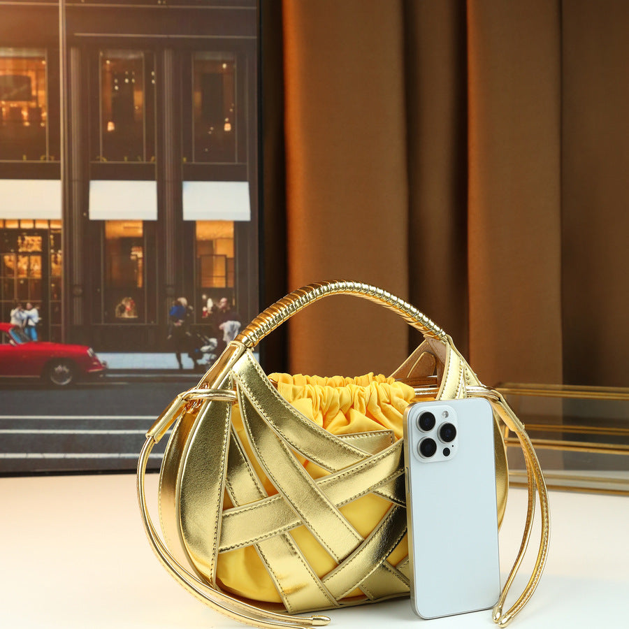 Woven Hollow Picnic Basket Bag for Women Creative Design Top Handle Shoulder Crossbody Purse, Premium Textured Handbag with Versatile Everyday Appeal