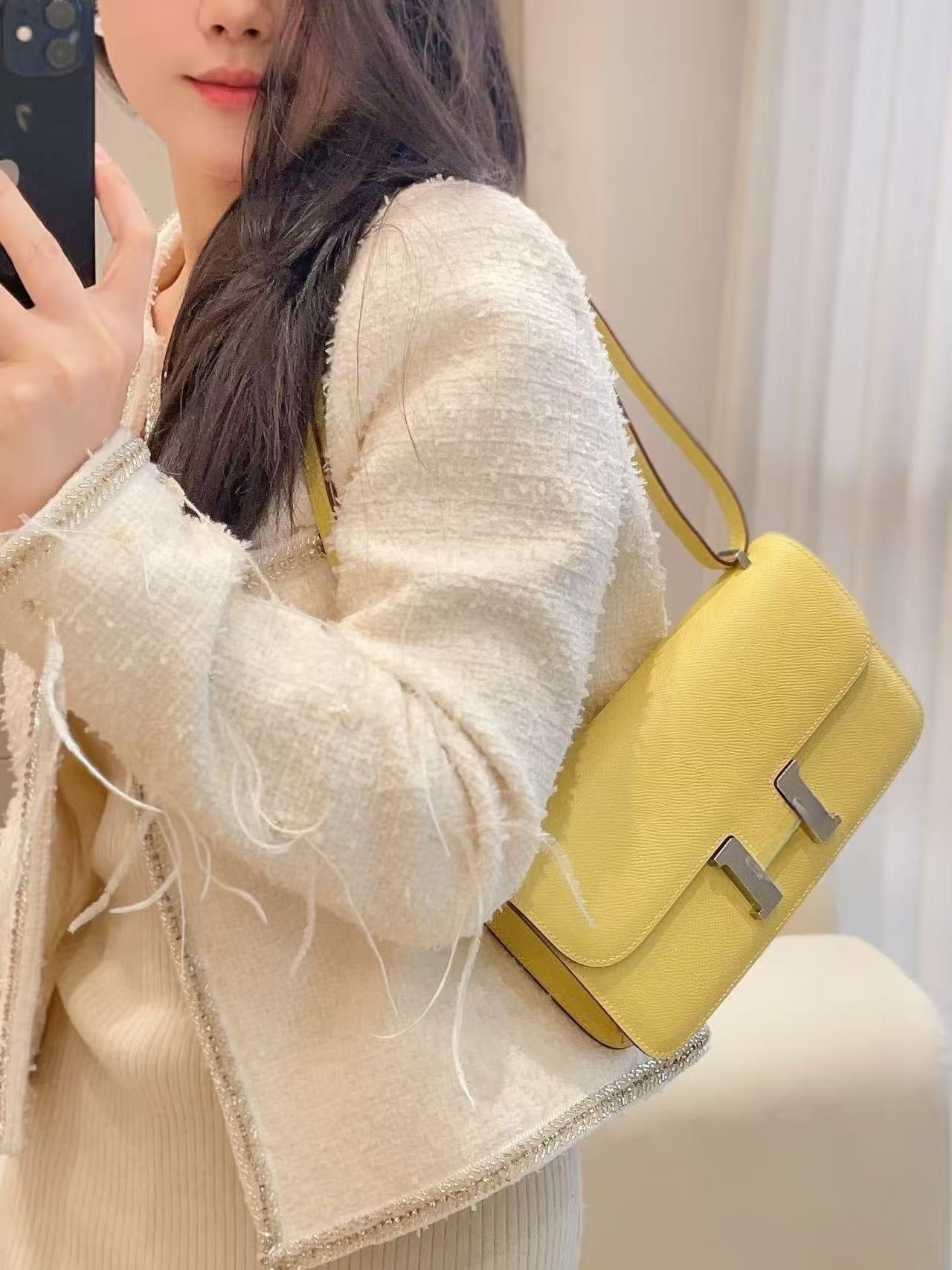 Genuine Epsom Palm Texture Cowhide Constance-Style Bag for Women, New Horizontal Flight Attendant Shoulder Crossbody Purse, Tofu-Shape Handbag for Ladies