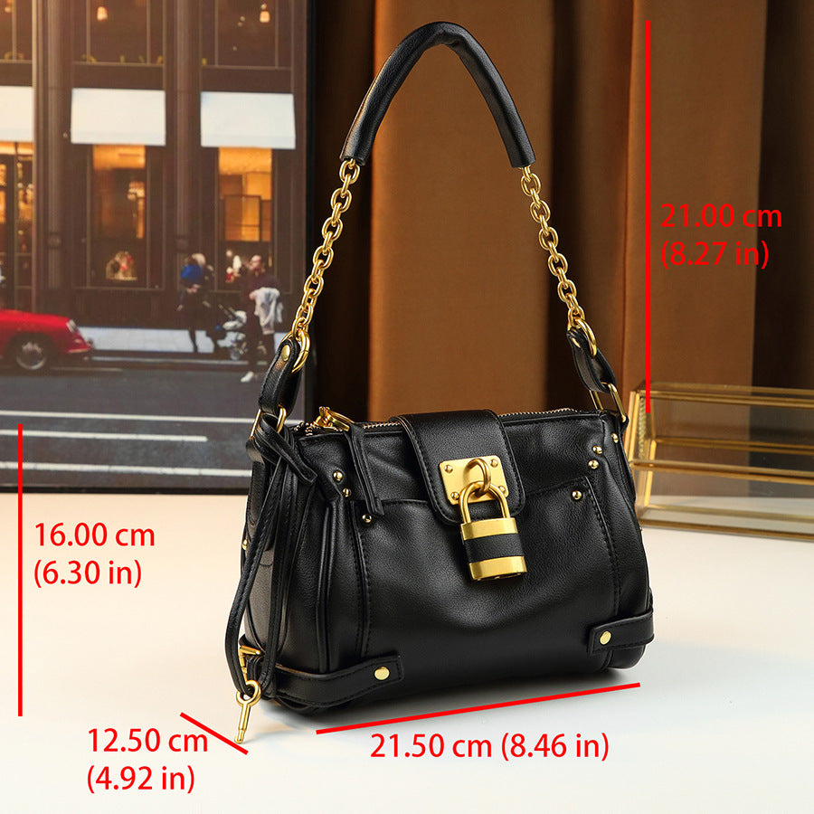 Y2K Style Lock Chain Tote Bag for Women Vintage Soft Leather Large Capacity Shoulder Crossbody Handbag with Trendy Hardware Accent