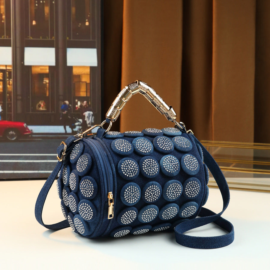 Denim Rhinestone Cylinder Bag for Women Light Luxury Shoulder Crossbody Handbag, Unique Handle Design Purse with Sparkly Trendy Style
