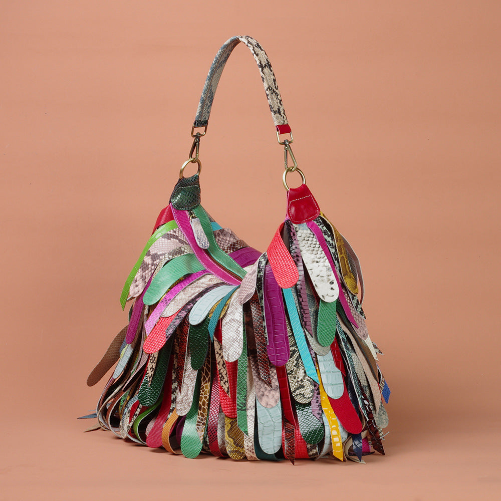 Genuine Leather Colorful Tassel Handbag for Women, Trendy Street Style Crossbody Shoulder Bag, New Patchwork Design Underarm Purse for Ladies