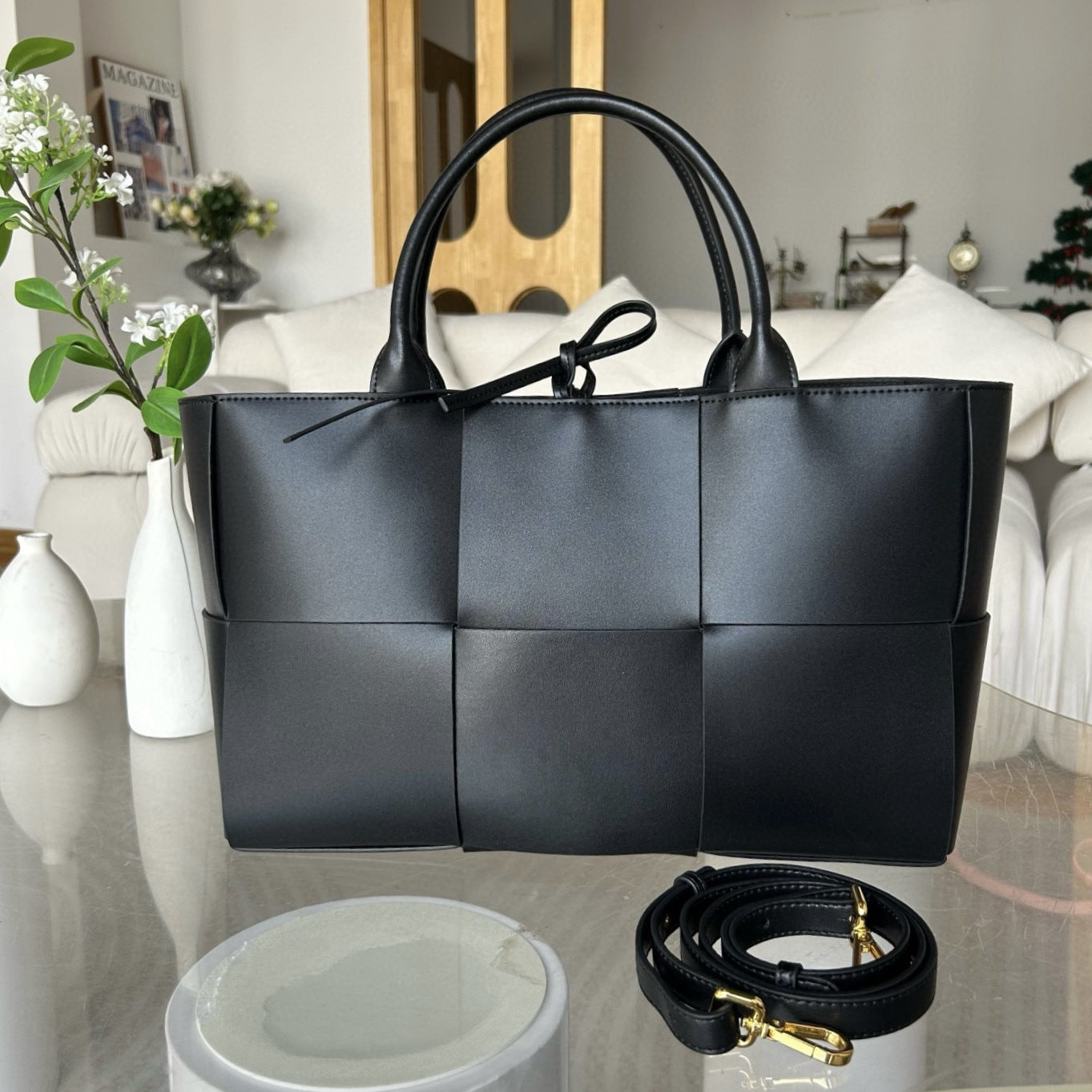 Extra-Large Genuine Leather Woven Tote, Trendy Six-Grid Underarm Bag, Commuter Shoulder & Crossbody Bag for Women