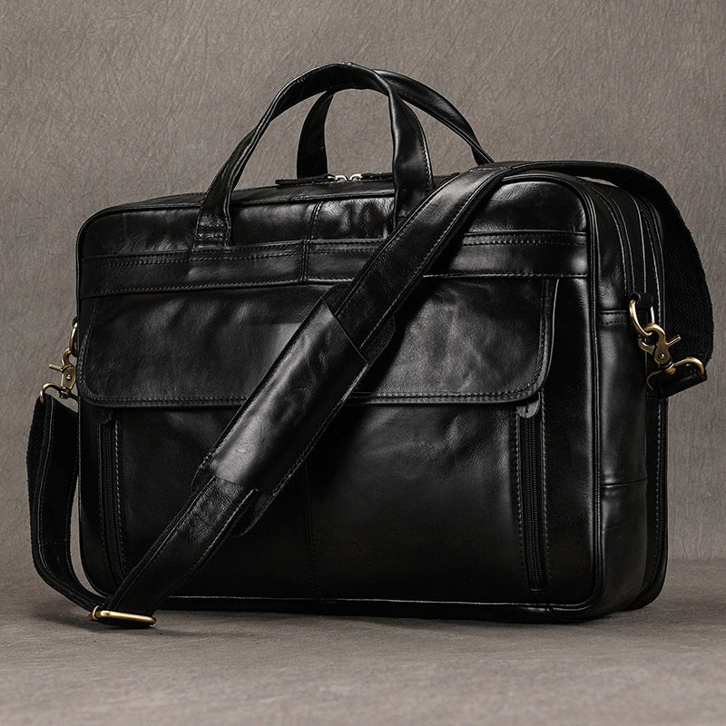 Genuine Black Cowhide Large Capacity Business Briefcase for Men, Top Handle Shoulder Crossbody Commute Laptop Bag, Premium Leather Work Bag for Gentlemen